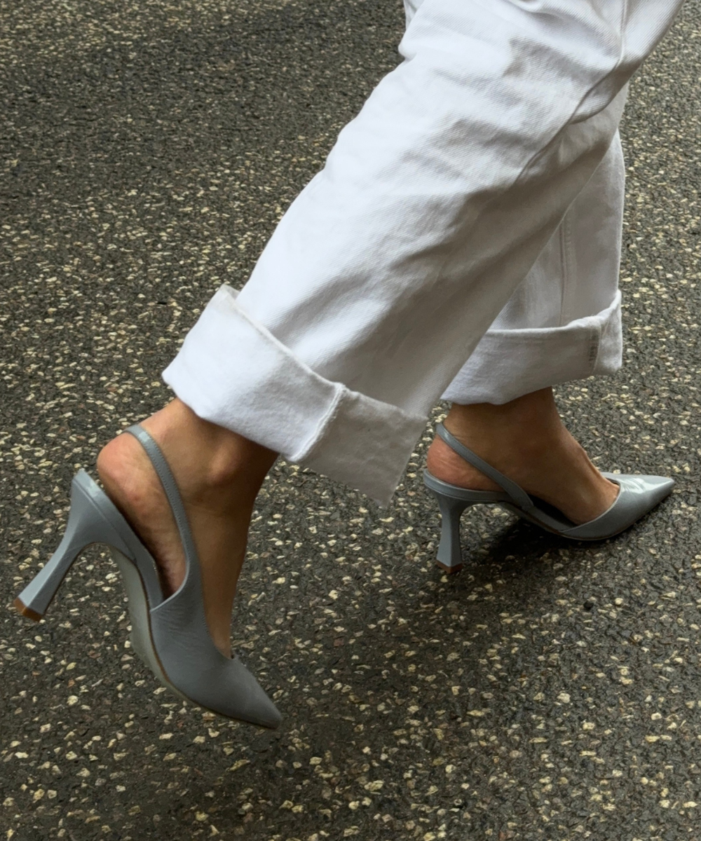 Emira 70 slingback stilettos, ice blue patent