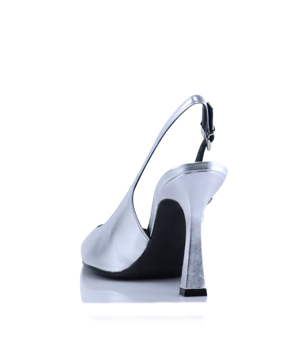 Emilia 90 slingback stilettos, silver leather