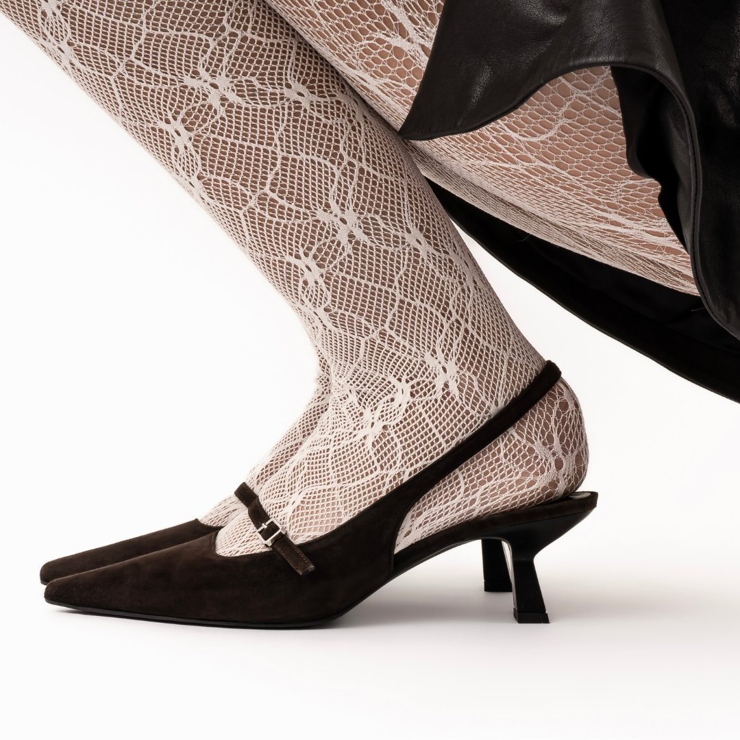 Elina 50 slingback stiletter, mørkebrun ruskind