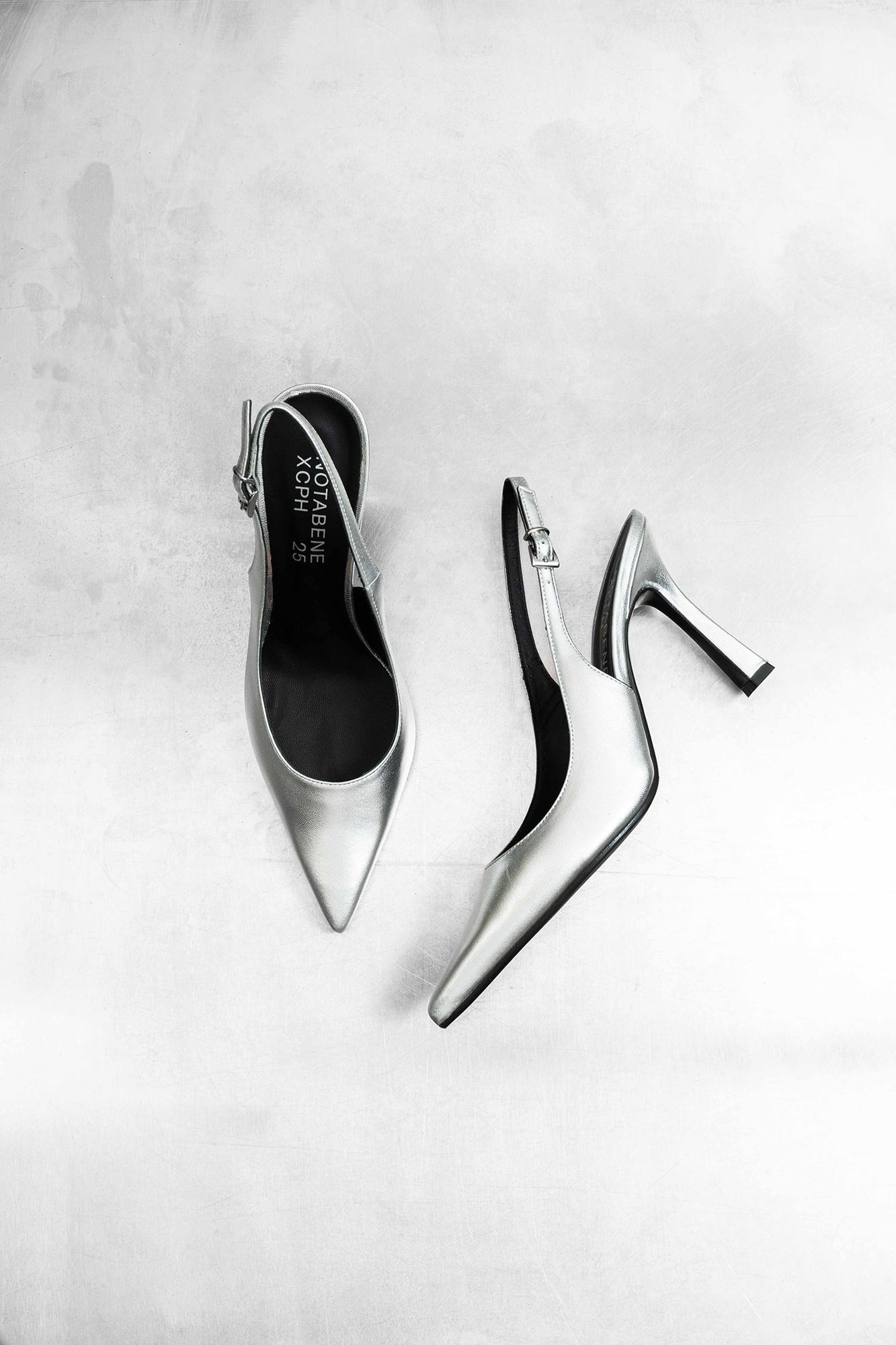 Emilia 90 slingback stilettos, silver leather