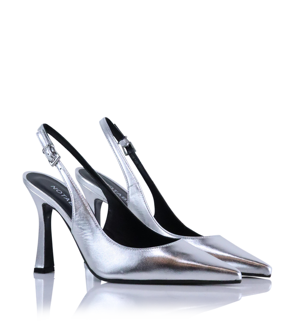 Emilia 90 slingback stilettos, silver leather